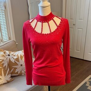 "Lady In Red" Cutout Sweater w/ Rhinestone Accents - Large by Oliver.o ❤️😘 NWT